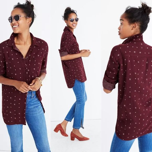 MADEWELL Burgundy Cream Classic Ex Boyfriend Shirt In Ikat Size Small - Picture 1 of 5
